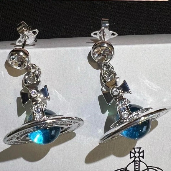 Vivienne Westwood Drop Orb Earrings Light blue Silver Stone with drawstring bag - Picture 2 of 8